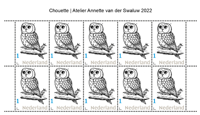 Kunstzegel Postzegelvel Chouette PostNL Atelier Annette van der Swaluw
