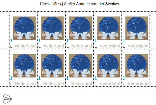 Kunstzegel Postzegelvel Kerstduifjes PostNL Atelier Annette van der Swaluw