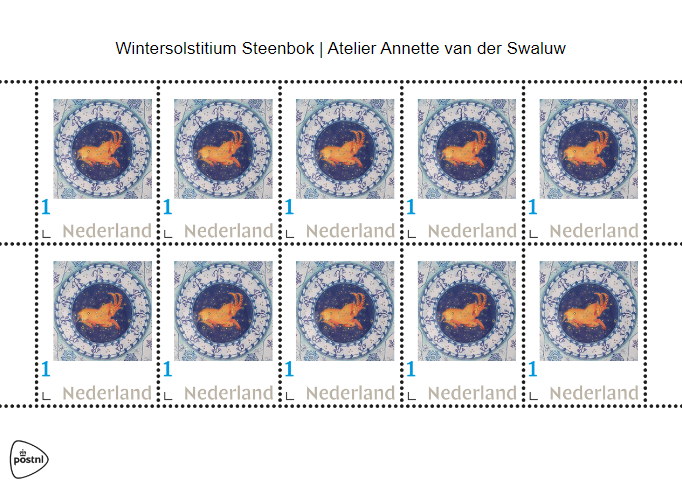 Kunstzegels Postzegels met kunstwerk Babylonisch Wintersolstitium Steenbok Atelier Annette van der Swaluw